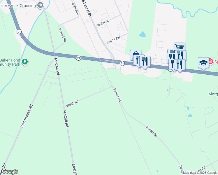 map of restaurants, bars, coffee shops, grocery stores, and more near 363 Webb Road in Springfield