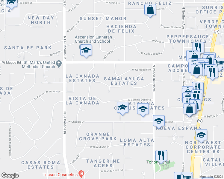 map of restaurants, bars, coffee shops, grocery stores, and more near 975 West Samalayuca Drive in Tucson