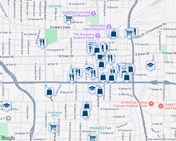 map of restaurants, bars, coffee shops, grocery stores, and more near 230 South Bois D Arc Avenue in Tyler