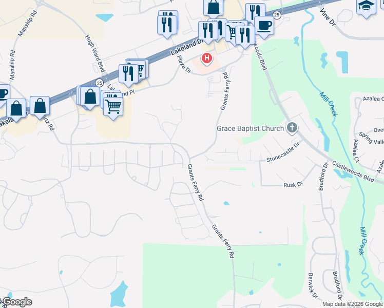 map of restaurants, bars, coffee shops, grocery stores, and more near 5552 Grants Ferry Road in Brandon