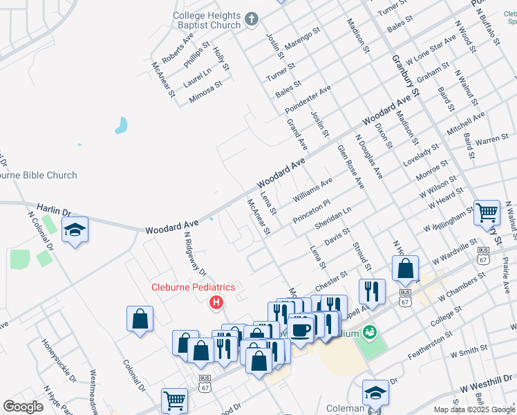 map of restaurants, bars, coffee shops, grocery stores, and more near 706 McAnear Street in Cleburne