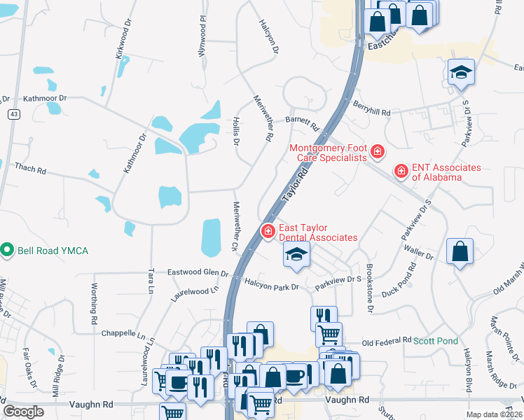 map of restaurants, bars, coffee shops, grocery stores, and more near 1653 Prairie Lane in Montgomery