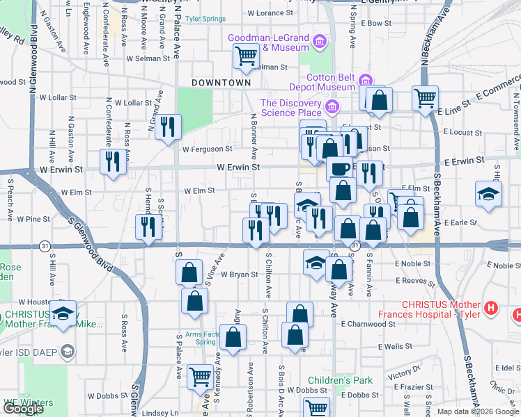 map of restaurants, bars, coffee shops, grocery stores, and more near 218 South Bonner Avenue in Tyler
