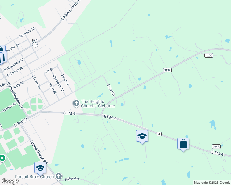 map of restaurants, bars, coffee shops, grocery stores, and more near 1809 East 2nd Street in Cleburne