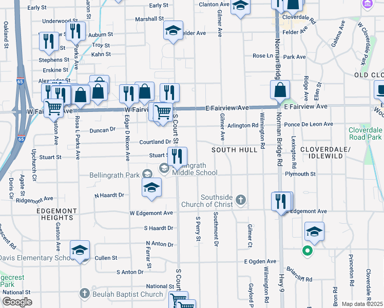 map of restaurants, bars, coffee shops, grocery stores, and more near 3236 South Perry Street in Montgomery