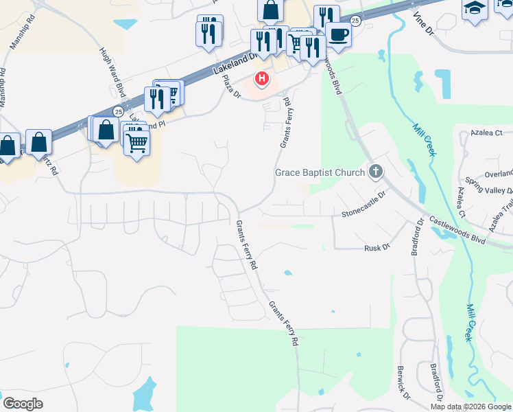 map of restaurants, bars, coffee shops, grocery stores, and more near 5552 Grants Ferry Road in Flowood