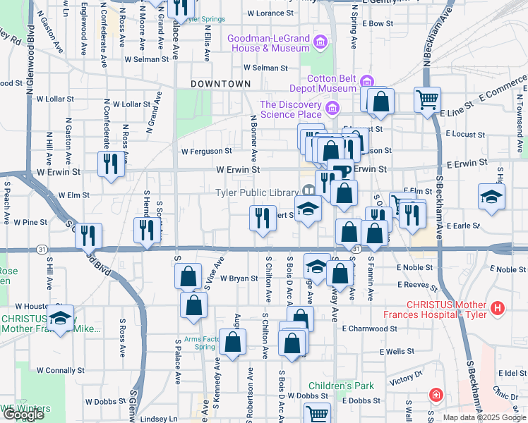 map of restaurants, bars, coffee shops, grocery stores, and more near 421 West Woldert Street in Tyler