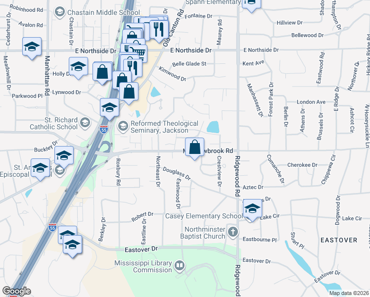 map of restaurants, bars, coffee shops, grocery stores, and more near 101 Green Drive in Jackson