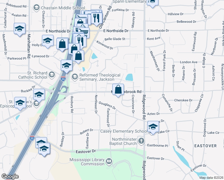 map of restaurants, bars, coffee shops, grocery stores, and more near 101 Green Drive in Jackson