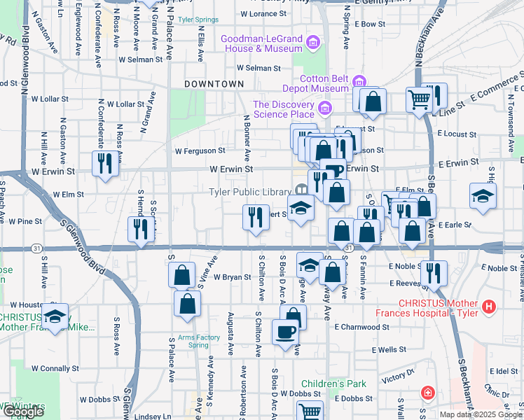map of restaurants, bars, coffee shops, grocery stores, and more near 313-399 Ferrell Place in Tyler