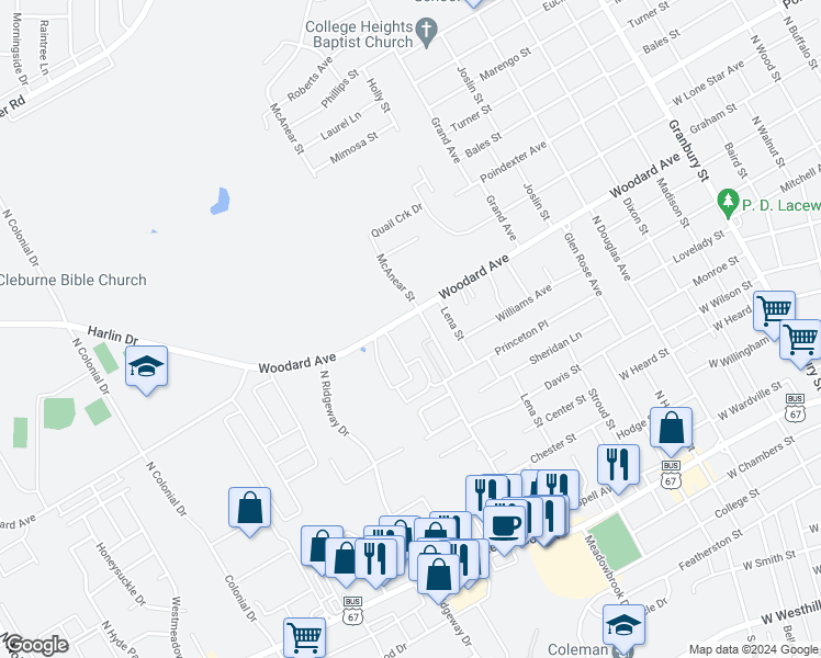 map of restaurants, bars, coffee shops, grocery stores, and more near 712 McAnear Street in Cleburne