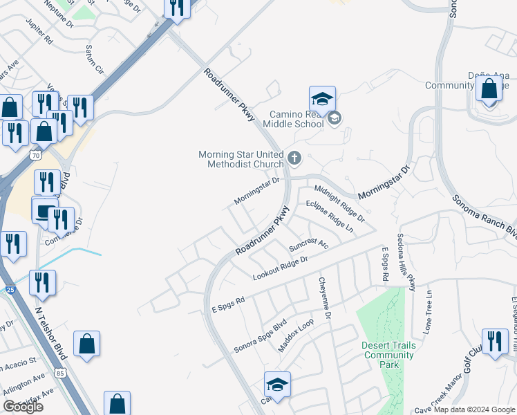map of restaurants, bars, coffee shops, grocery stores, and more near 2888 Asteroid Court in Las Cruces