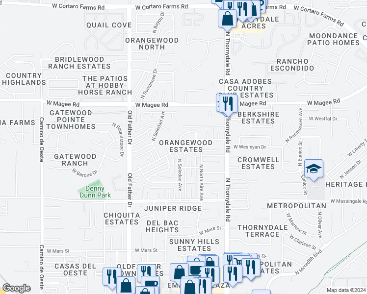 map of restaurants, bars, coffee shops, grocery stores, and more near 3989 West Orangewood Drive in Tucson