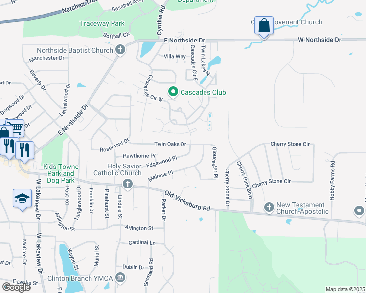 map of restaurants, bars, coffee shops, grocery stores, and more near 1620 Twin Oaks Drive in Clinton