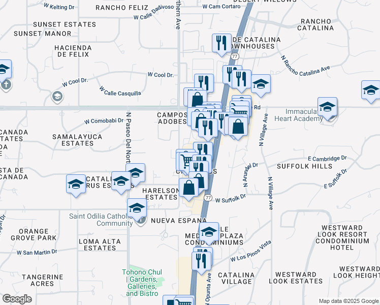 map of restaurants, bars, coffee shops, grocery stores, and more near 7785 North Oracle Road in Oro Valley