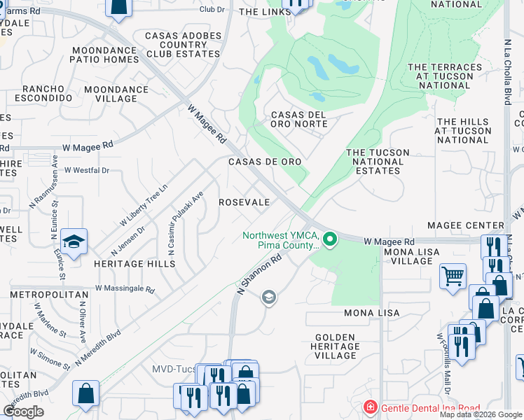 map of restaurants, bars, coffee shops, grocery stores, and more near 2837 West Simplicity Drive in Tucson