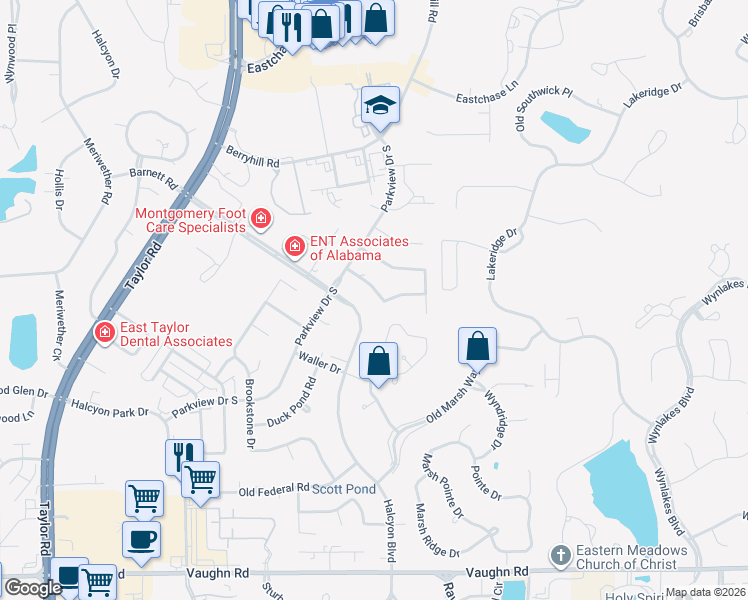 map of restaurants, bars, coffee shops, grocery stores, and more near 8118 Greyfield Drive in Montgomery