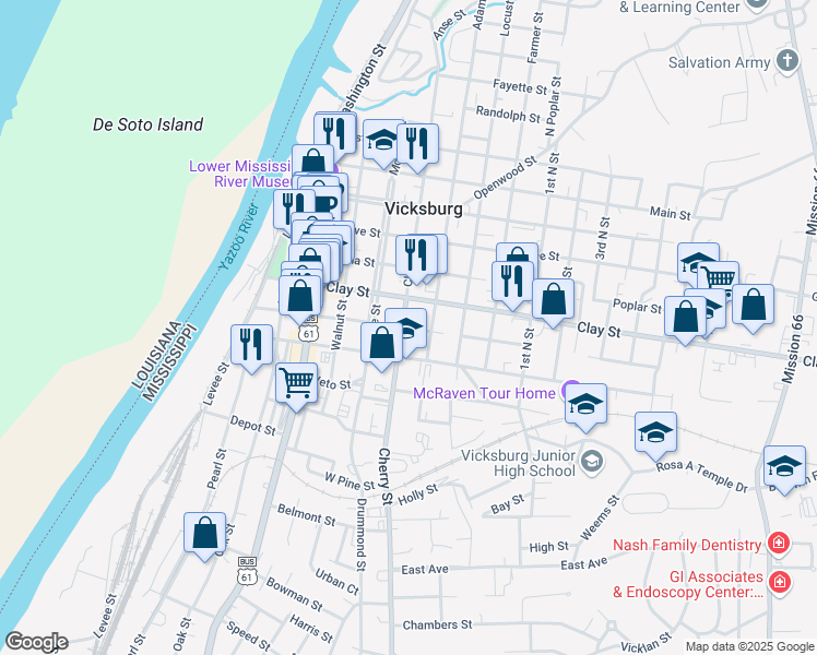 map of restaurants, bars, coffee shops, grocery stores, and more near 1021 Crawford Street in Vicksburg