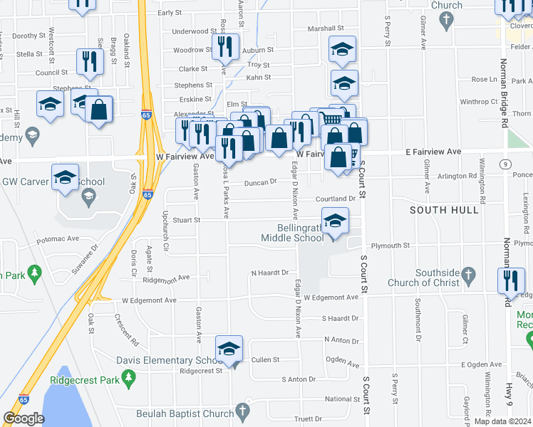 map of restaurants, bars, coffee shops, grocery stores, and more near 110 Stuart Street in Montgomery