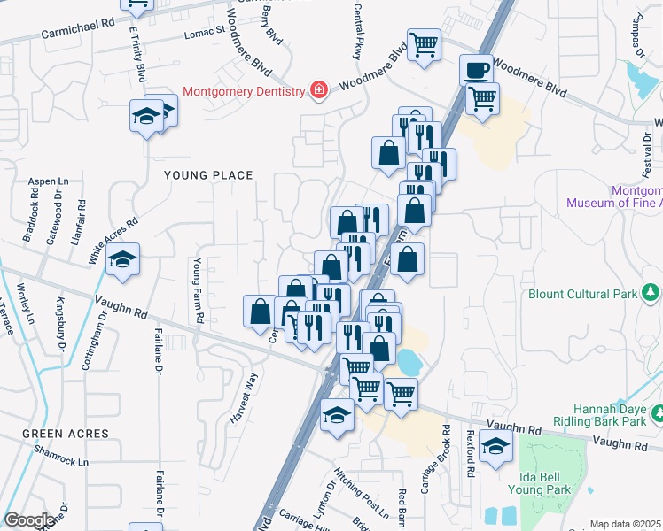 map of restaurants, bars, coffee shops, grocery stores, and more near 2415 Central Parkway in Montgomery
