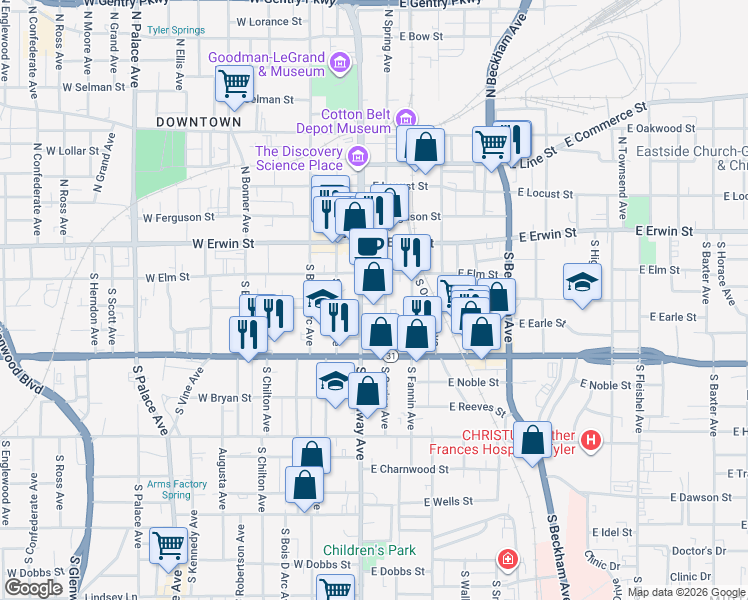 map of restaurants, bars, coffee shops, grocery stores, and more near 216 South Spring Avenue in Tyler