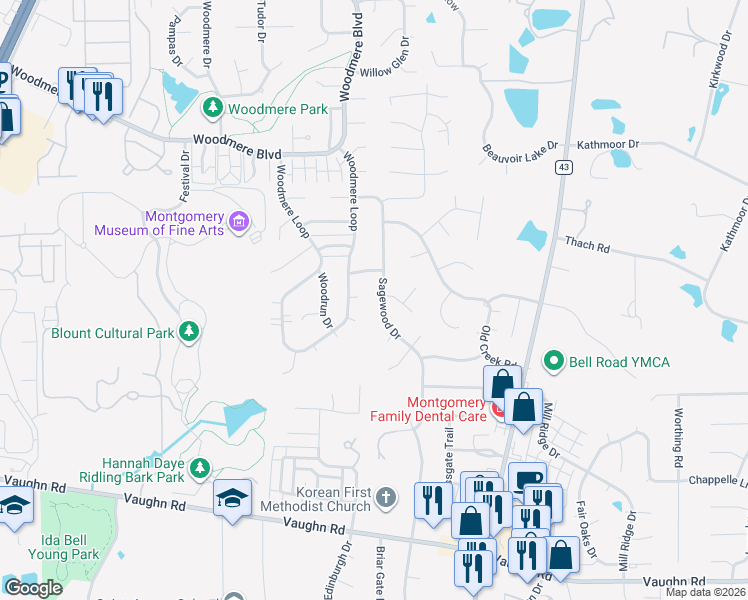 map of restaurants, bars, coffee shops, grocery stores, and more near 2238 Sagewood Drive in Montgomery