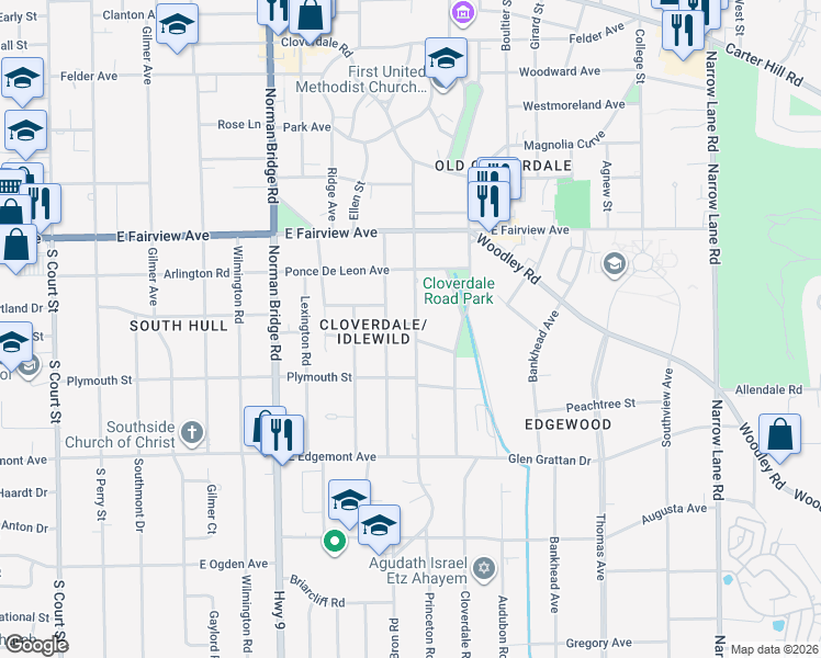 map of restaurants, bars, coffee shops, grocery stores, and more near 3175 Montezuma Road in Montgomery