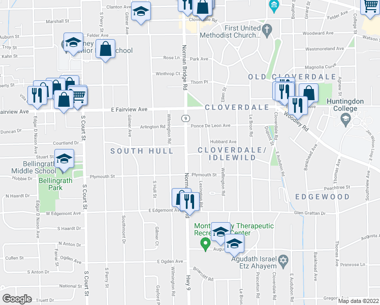 map of restaurants, bars, coffee shops, grocery stores, and more near 3183 Norman Bridge Road in Montgomery