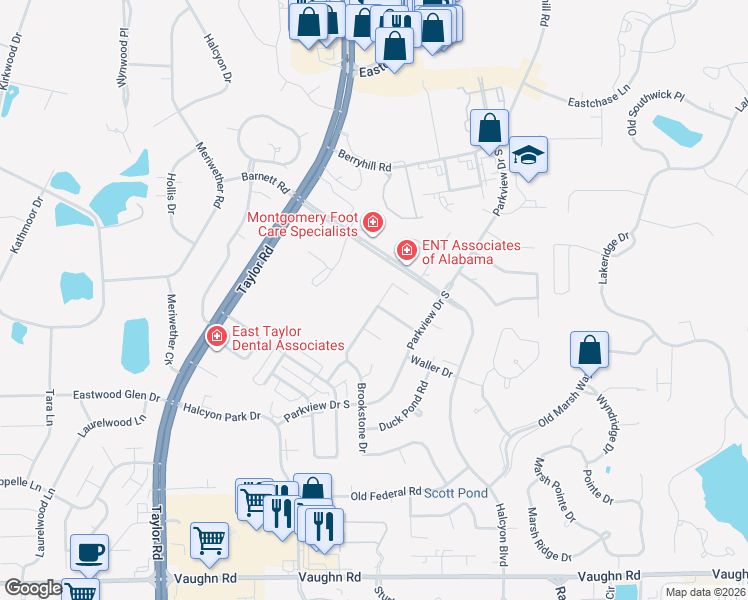 map of restaurants, bars, coffee shops, grocery stores, and more near 1800 Halcyon Boulevard in Montgomery