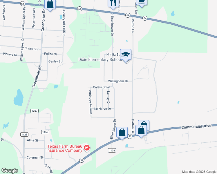 map of restaurants, bars, coffee shops, grocery stores, and more near 5621 Calais Drive in Tyler