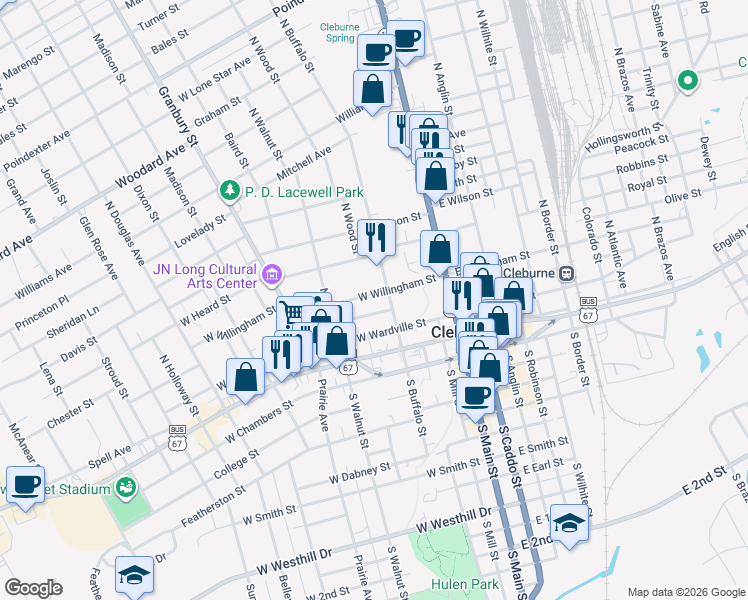 map of restaurants, bars, coffee shops, grocery stores, and more near 207 West Willingham Street in Cleburne