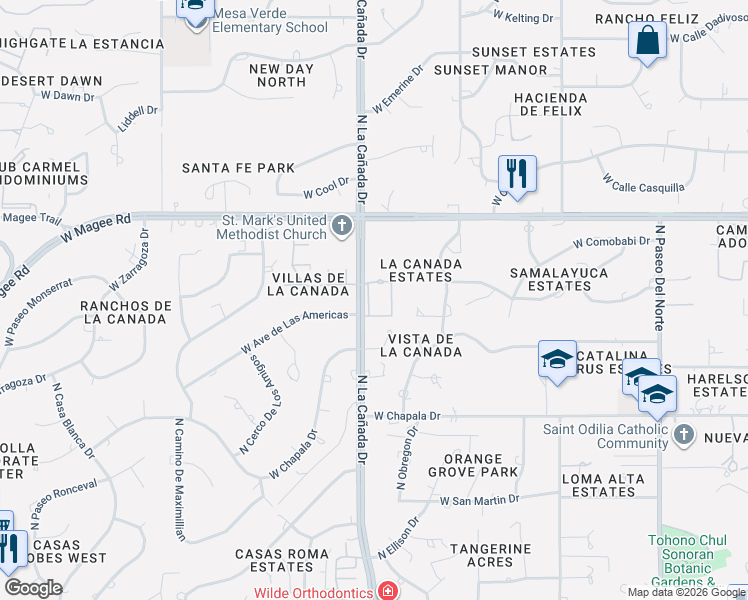 map of restaurants, bars, coffee shops, grocery stores, and more near 7832 North La Cañada Drive in Tucson