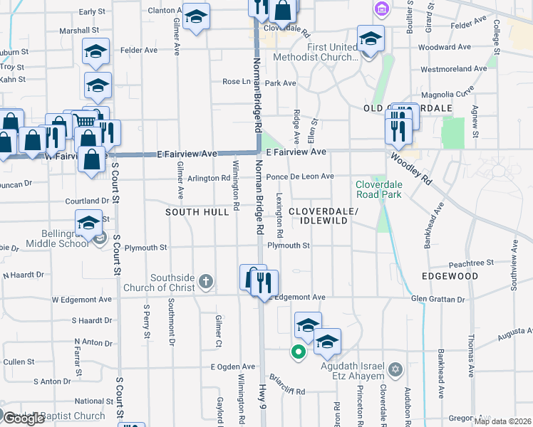 map of restaurants, bars, coffee shops, grocery stores, and more near 3173 Norman Bridge Road in Montgomery
