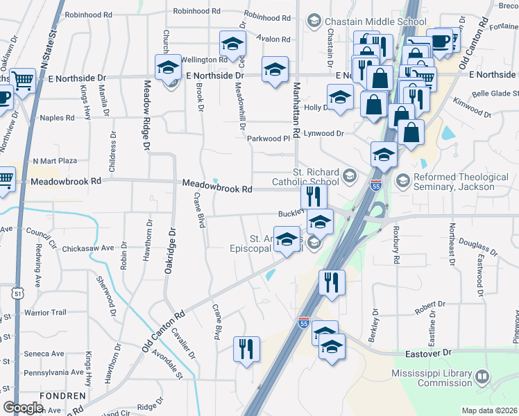 map of restaurants, bars, coffee shops, grocery stores, and more near 1025 Meadowbrook Road in Jackson