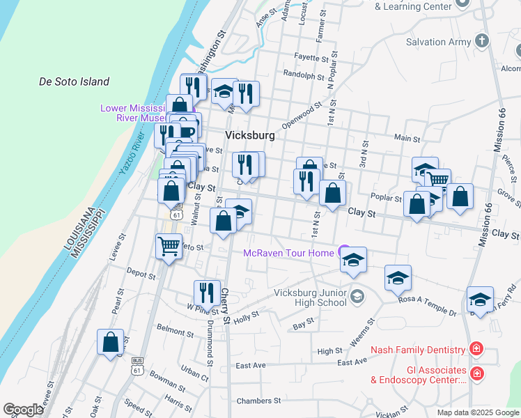 map of restaurants, bars, coffee shops, grocery stores, and more near 1315 Adams Street in Vicksburg