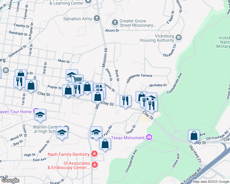 map of restaurants, bars, coffee shops, grocery stores, and more near 2232 Grove Street in Vicksburg
