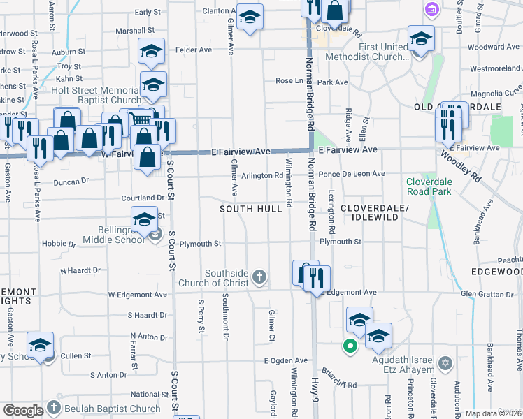 map of restaurants, bars, coffee shops, grocery stores, and more near 3212 South Hull Street in Montgomery
