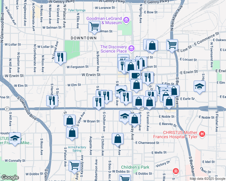 map of restaurants, bars, coffee shops, grocery stores, and more near 313 Ferrell Place in Tyler