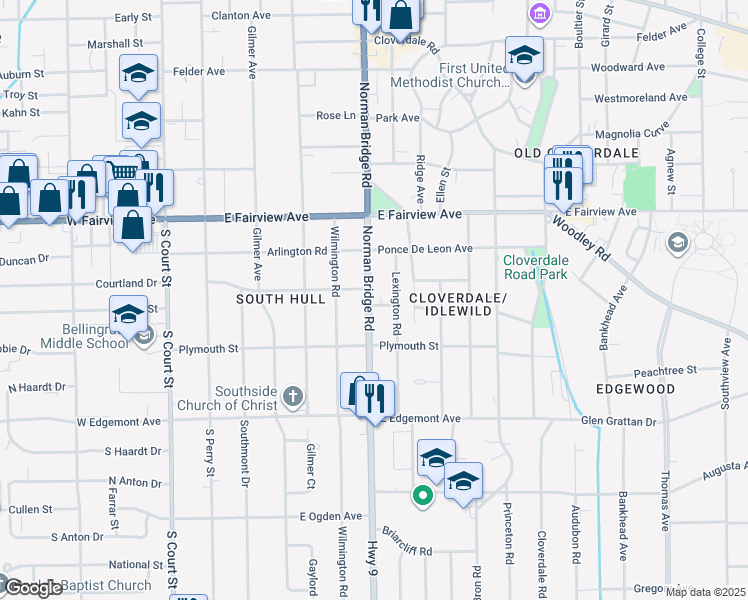 map of restaurants, bars, coffee shops, grocery stores, and more near 3173 Norman Bridge Road in Montgomery
