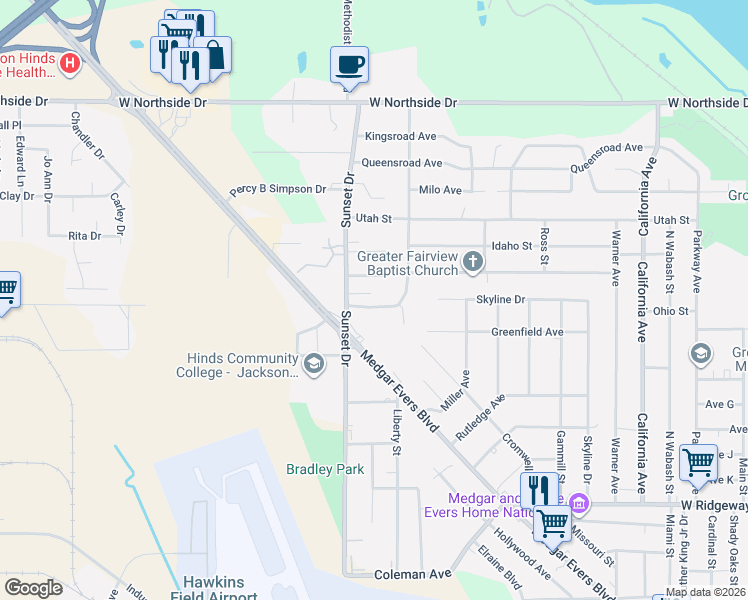 map of restaurants, bars, coffee shops, grocery stores, and more near 2846 O Bannon Dr in Jackson