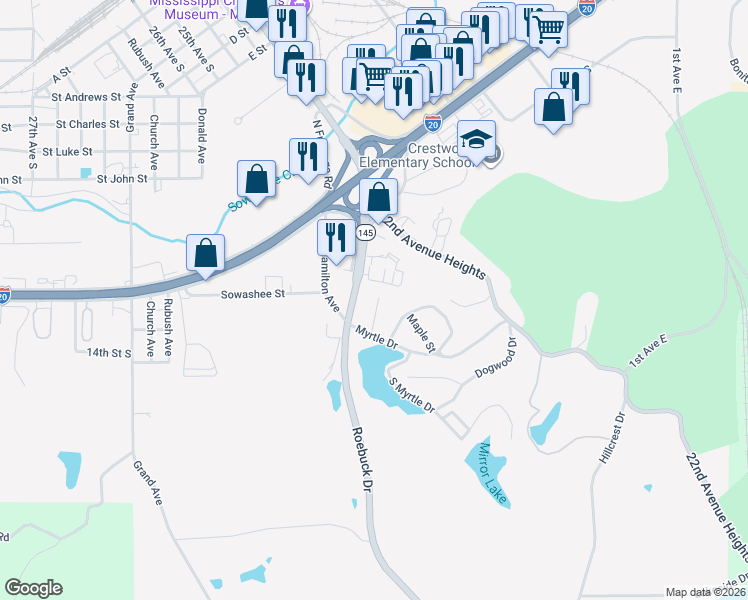 map of restaurants, bars, coffee shops, grocery stores, and more near 1406 Beech Street in Meridian