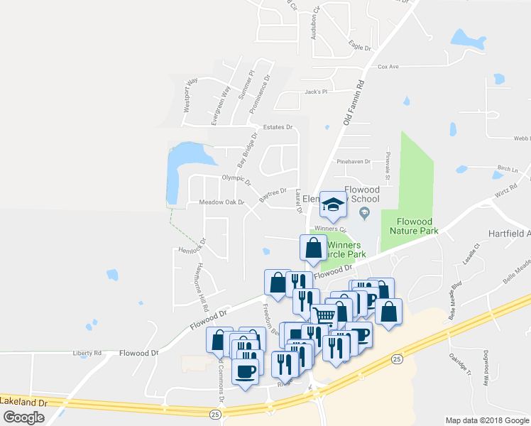 map of restaurants, bars, coffee shops, grocery stores, and more near 442 Olympic Drive in Flowood