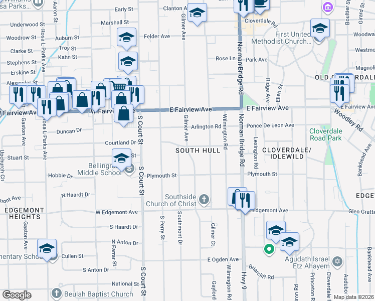 map of restaurants, bars, coffee shops, grocery stores, and more near 206 Mount Vernon Drive in Montgomery