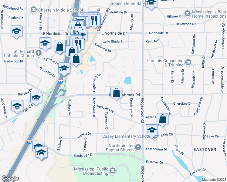 map of restaurants, bars, coffee shops, grocery stores, and more near 107 Green Drive in Jackson