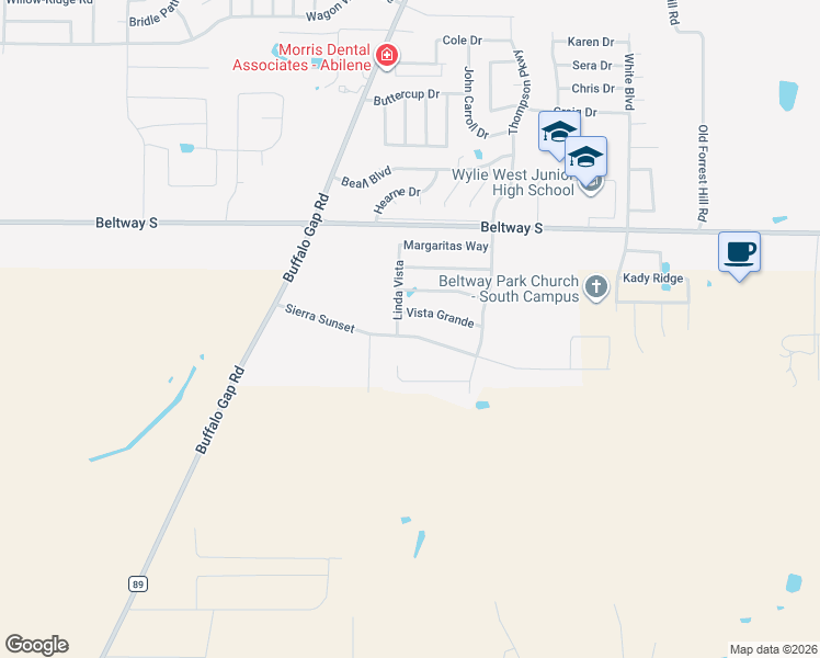 map of restaurants, bars, coffee shops, grocery stores, and more near 4609 Vista Grande in Abilene