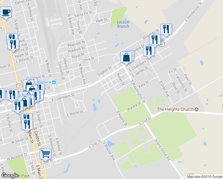 map of restaurants, bars, coffee shops, grocery stores, and more near 814 East James Street in Cleburne