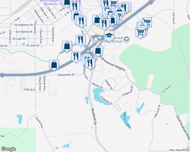 map of restaurants, bars, coffee shops, grocery stores, and more near 1406 Beech Street in Meridian