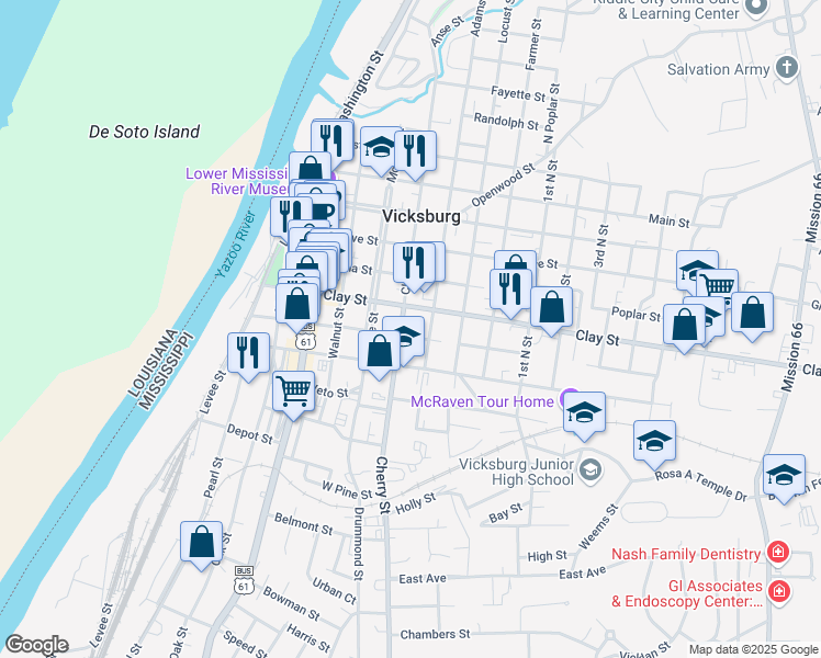 map of restaurants, bars, coffee shops, grocery stores, and more near 1021 Crawford Street in Vicksburg
