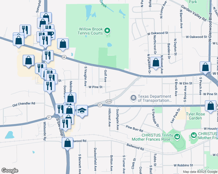 map of restaurants, bars, coffee shops, grocery stores, and more near 3014 Pine Street in Tyler