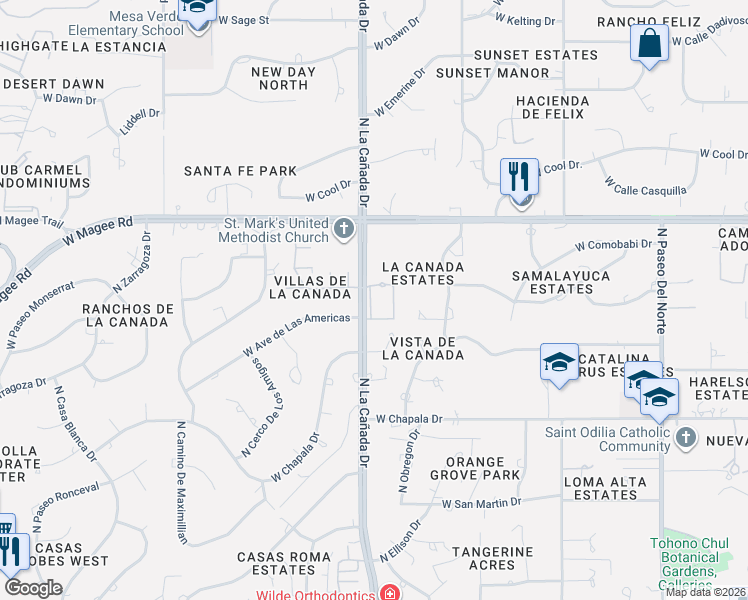 map of restaurants, bars, coffee shops, grocery stores, and more near 7856 North Calle de la Aldea in Tucson